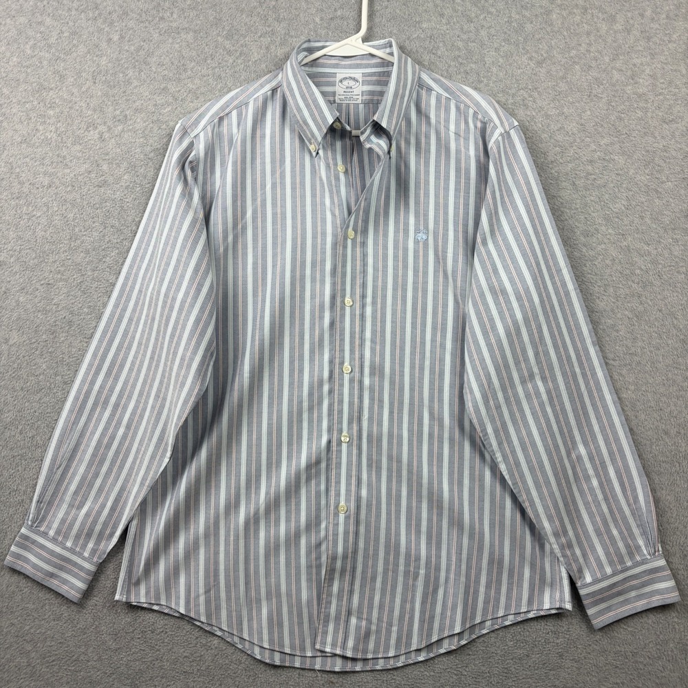 Brooks Brothers Shirt Mens Large Blue Striped Oxford OCBD Regent Supima Non Iron